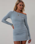 Ribbed knit ruched dress. Long sleeves. Unlined. baby blue mini dress. mini dress. blue mini dress