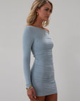 Ribbed knit ruched dress. Long sleeves. Unlined. baby blue mini dress. mini dress. blue mini dress