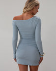 Ribbed knit ruched dress. Long sleeves. Unlined. baby blue mini dress. mini dress. blue mini dress