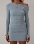 Ribbed knit ruched dress. Long sleeves. Unlined. baby blue mini dress. mini dress. blue mini dress