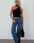 Ribbed knit cropped tank. Asymmetric neckline with adjustable halter tie. Unlined. black tank. fall outfit. fall top. going out top