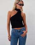 Ribbed knit cropped tank. Asymmetric neckline with adjustable halter tie. Unlined. black tank. fall outfit. fall top. going out top