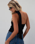 Ribbed knit cropped tank. Asymmetric neckline with adjustable halter tie. Unlined. black tank. fall outfit. fall top. going out top