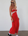 Polka dot printed woven maxi dress. Lace details. Adjustable straps. Underwire cups. Back hook and eyes and zipper closures. Unlined. red polka dot midi dress. summer dress. fall dress.