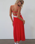 Polka dot printed woven maxi dress. Lace details. Adjustable straps. Underwire cups. Back hook and eyes and zipper closures. Unlined. red polka dot midi dress. summer dress. fall dress.