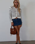 Striped crochet knit cropped cardigan. Front button down closure. Faux front pockets. Unlined. fall outfit. fall top. striped cardigan