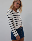 Striped crochet knit cropped cardigan. Front button down closure. Faux front pockets. Unlined. fall outfit. fall top. striped cardigan