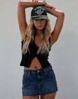 Ribbed knit sleeveless top. V-neckline. Front hook and eye closures. black top. going out top.