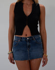 Ribbed knit sleeveless top. V-neckline. Front hook and eye closures. black top. going out top.