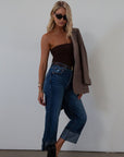 Faded high rise straight leg jean. Button fly. Five pocket construction. Cuffed hems. Unlined. pistola jeans. fall outfit. fall pants