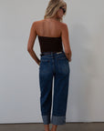 Faded high rise straight leg jean. Button fly. Five pocket construction. Cuffed hems. Unlined. pistola jeans. fall outfit. fall pants