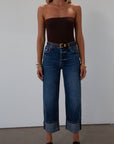 Faded high rise straight leg jean. Button fly. Five pocket construction. Cuffed hems. Unlined. pistola jeans. fall outfit. fall pants