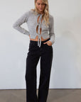 Fuzzy crochet knit sweater. Front tie closures. Long sleeves. Unlined. grey sweater. grey fall sweater. tie front sweater. fall outfit