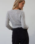 Fuzzy crochet knit sweater. Front tie closures. Long sleeves. Unlined. grey sweater. grey fall sweater. tie front sweater. fall outfit