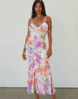 Printed textured woven maxi dress. Adjustable straps. Side hook and eye and zipper closures. Ruffle trim. Unlined. Summer maxi dress. wedding guest dress.
