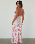 Printed textured woven maxi dress. Adjustable straps. Side hook and eye and zipper closures. Ruffle trim. Unlined. Summer maxi dress. wedding guest dress.
