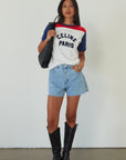 Denim shorts. Button and zipper fly. Five pocket construction. Raw edge hem. Unlined. summer shorts. denim shorts