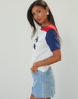 Denim shorts. Button and zipper fly. Five pocket construction. Raw edge hem. Unlined. summer shorts. denim shorts