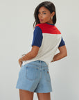 Denim shorts. Button and zipper fly. Five pocket construction. Raw edge hem. Unlined. summer shorts. denim shorts