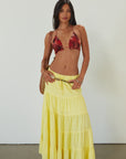 Woven tiered maxi skirt. Elastic waist with drawstring closure. Partially lined. yellow maxi skirt. summer maxi skirt.