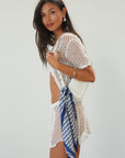 blue Printed satin square scarf.