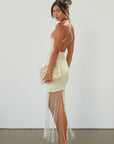 Crochet knit dress. Adjustable straps. Beaded fringe hem. Unlined. beaded dress. bridal dress. bridal shower dress. cream mini dress.