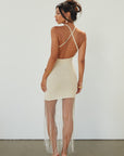 Crochet knit dress. Adjustable straps. Beaded fringe hem. Unlined. beaded dress. bridal dress. bridal shower dress. cream mini dress.