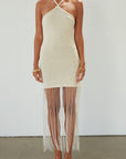 Crochet knit dress. Adjustable straps. Beaded fringe hem. Unlined. beaded dress. bridal dress. bridal shower dress. cream mini dress.