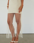 Crochet knit dress. Adjustable straps. Beaded fringe hem. Unlined. beaded dress. bridal dress. bridal shower dress. cream mini dress.