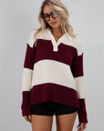 Striped crochet knit sweater. Woven collar neckline. Front button down closures. Unlined. Unlined. sweater polo. fall top. fall outfit