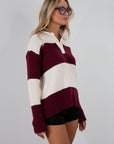 Striped crochet knit sweater. Woven collar neckline. Front button down closures. Unlined. Unlined. sweater polo. fall top. fall outfit