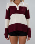 Striped crochet knit sweater. Woven collar neckline. Front button down closures. Unlined. Unlined. sweater polo. fall top. fall outfit