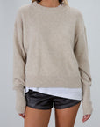 Fuzzy heather knit sweater. Crewneck. Long sleeves. Unlined. beige sweater. fall outfit. fall sweater.