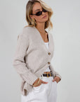 Fuzzy heather crochet knit cardigan. Front button down closures. Unlined.
