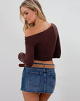 Knit crop top. Long sleeves. Ruched sides. Fully lined. brown long sleeve. basic cute long sleeve