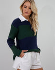 Striped crochet knit sweater. Woven collar neckline. Front button down closures. Unlined. Unlined. sweater polo. fall top. fall outfit