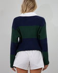 Striped crochet knit sweater. Woven collar neckline. Front button down closures. Unlined. Unlined. sweater polo. fall top. fall outfit