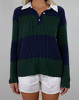 Striped crochet knit sweater. Woven collar neckline. Front button down closures. Unlined. Unlined. sweater polo. fall top. fall outfit