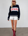 Fuzzy crochet knit sweater. Crewneck. Long sleeves. Unlined. apres sweater. fall sweater. sweater for fall. cute fall sweater. navy blue sweater