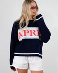Fuzzy crochet knit sweater. Crewneck. Long sleeves. Unlined. apres sweater. fall sweater. sweater for fall. cute fall sweater. navy blue sweater