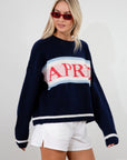 Fuzzy crochet knit sweater. Crewneck. Long sleeves. Unlined. apres sweater. fall sweater. sweater for fall. cute fall sweater. navy blue sweater