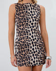 Animal printed woven dress. Sleeveless. Back hook and eye and zipper closures. Unlined. leopard mini dress. fall outfit. fall dress