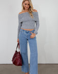 Fuzzy heather knit crop sweater. Folded neckline. Long sleeves. Unlined. grey sweater. grey off the shoulder sweater. fall top. fall sweater. fall outfit.