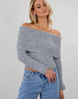 Fuzzy heather knit crop sweater. Folded neckline. Long sleeves. Unlined. grey sweater. grey off the shoulder sweater. fall top. fall sweater. fall outfit.