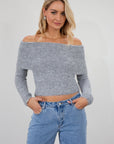 Fuzzy heather knit crop sweater. Folded neckline. Long sleeves. Unlined. grey sweater. grey off the shoulder sweater. fall top. fall sweater. fall outfit.