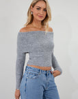 Fuzzy heather knit crop sweater. Folded neckline. Long sleeves. Unlined. grey sweater. grey off the shoulder sweater. fall top. fall sweater. fall outfit.