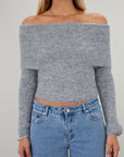 Fuzzy heather knit crop sweater. Folded neckline. Long sleeves. Unlined. grey sweater. grey off the shoulder sweater. fall top. fall sweater. fall outfit.