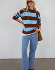 Fuzzy knit striped sweater. Crewneck. Long sleeves. Unlined. blue and brown striped sweater. fall top. fall sweater. fall outfit.