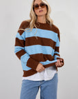 Fuzzy knit striped sweater. Crewneck. Long sleeves. Unlined. blue and brown striped sweater. fall top. fall sweater. fall outfit.