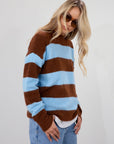 Fuzzy knit striped sweater. Crewneck. Long sleeves. Unlined. blue and brown striped sweater. fall top. fall sweater. fall outfit.